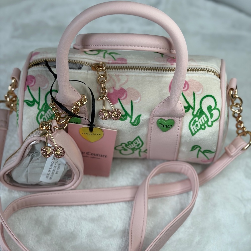 Juicy Couture Retro Juicy Cherry  hearts Mini Barrel Crossbody Bag pink cream